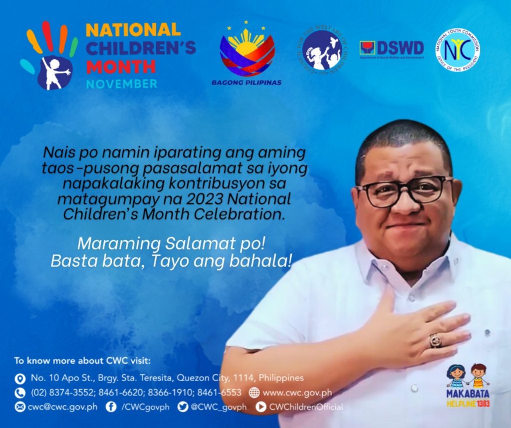 Sa buong Nobyembre 2023 matagumpay na ginanap natin ang 31st National Children’s Month na may temang  “𝐇𝐞𝐚𝐥𝐭𝐡𝐲, 𝐍𝐨𝐮𝐫𝐢𝐬𝐡𝐞𝐝, 𝐒𝐡𝐞𝐥𝐭𝐞𝐫𝐞𝐝: 𝐄𝐧𝐬𝐮𝐫𝐢𝐧𝐠 𝐭𝐡𝐞 𝐫𝐢𝐠𝐡𝐭 𝐭𝐨 𝐥𝐢𝐟𝐞 𝐟𝐨𝐫 𝐚𝐥𝐥” na nagbigay pokus sa healthcare at nutrisyon ng mga bata.